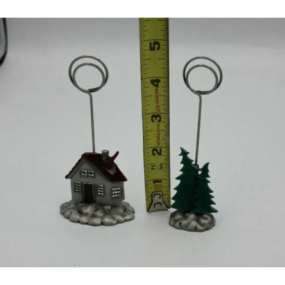 Christmas Place Card Holder Lot 2 Photo Tree House Cardinal Red Silver Tone